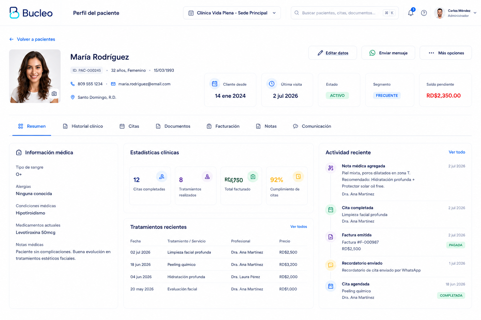 Perfil 360 del paciente en Bucleo — historial clínico, tratamientos y estadísticas